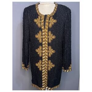 NWT 1980s Black and Gold Beaded Cocktail Jacket- by Lawrence Kazar